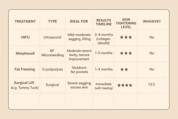 Table showing the comparisons of Skin tightening Greater London (Merton) treatment options.